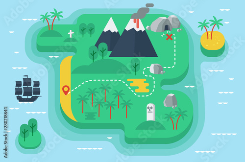Pirates island flat vector illustration. Treasure map for game, navigation. Deserted, uninhabited isle with cave and volcanoes. Sailing ship. Tropical island with palms, sand beach. Treasure location