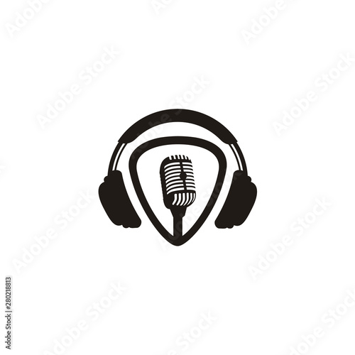 Microphone Headphone and Guitar Pick for Music Studio Record Podcast Logo