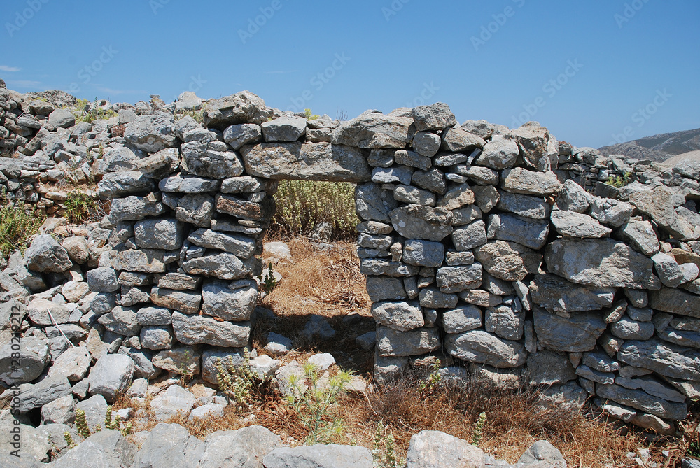 The ruins of the medieval Crusader Knights castle above Megalo Chorio on the Greek island of Tilos.