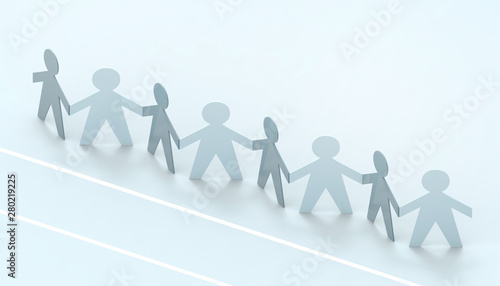 Paper cut Style concept of a leader and relationship with friendship and hand-holding of people in symbolic form on Inspiration style and modern Blue paste background - 3D rendering