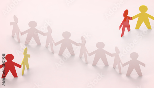 Paper cut Style concept of a leader and relationship with friendship and hand-holding of people in symbolic form on Inspiration style and modern pink paste background - 3D rendering