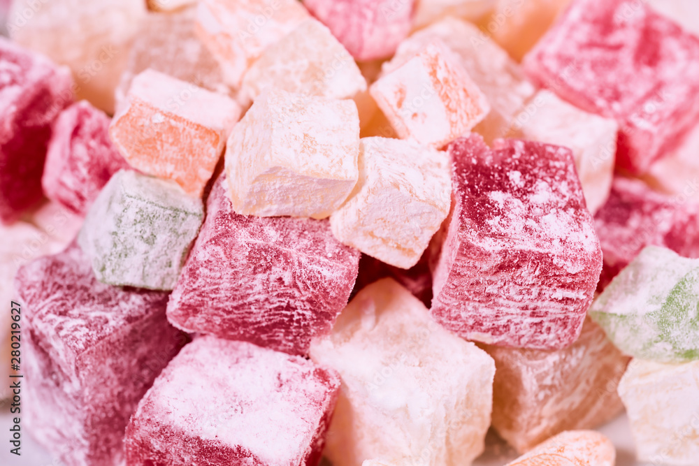 Turkish delight. Flavoured Turkish delights on isolated surface Turkish delight. Flavoured Turkish delights on isolated surface