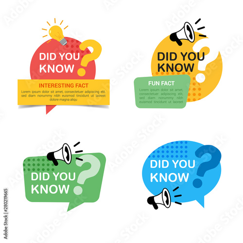 Set of did you know badges with big question mark, megaphone and bulb icon label