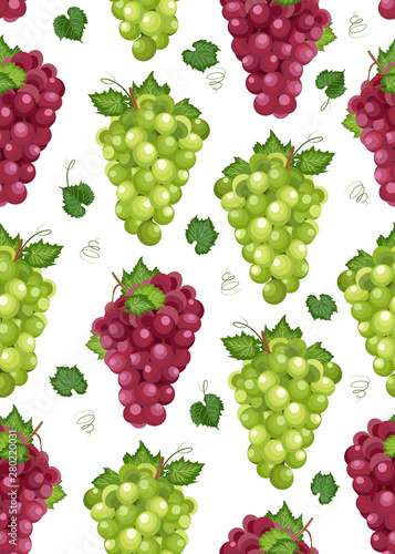 Grape bunch seamless pattern on white background with leaves, Fresh organic food, White and red grape pattern background, Fruit vector illustration.