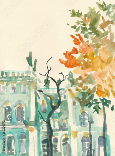 Canvas Print Autumn landscape with tree and architecture