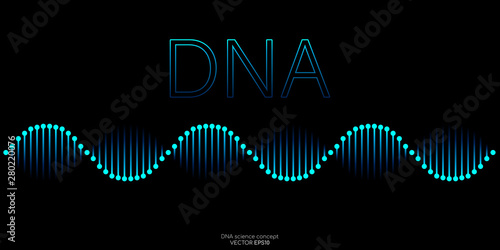 Abstract DNA molecule helix spiral wave blue green isolated on black background. Vector illustration in concept medical science, genetic biotechnology, chemistry biology, gene.