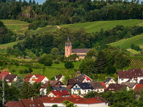 Little cozy german village between the green hills  vineyards in Black Forest