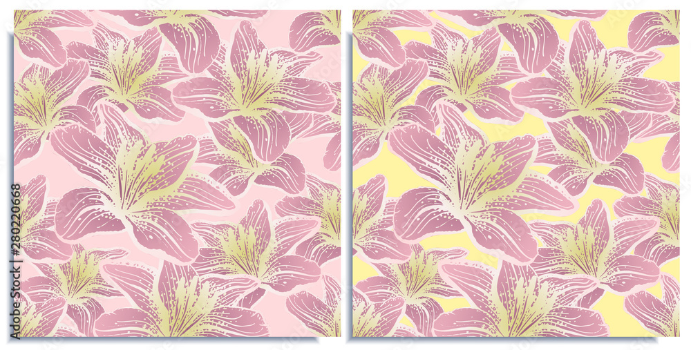 Vector set of seamless patterns with wonderful colorful lilies, hand-drawn in graphic and real-style at the same time. Delicate colors: pink, purple, yellow. Looks vintage, beautiful, holiday decor