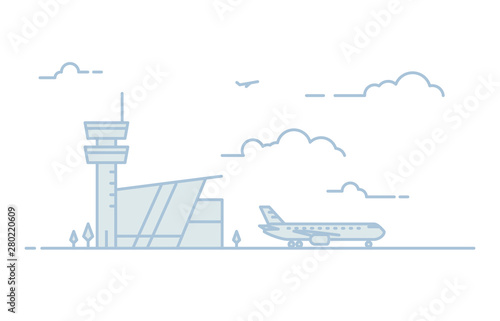 National airport line illustration. Big passenger airplane and airport building with tower on background. Sky with clouds. Linear modern, trendy vector banner.