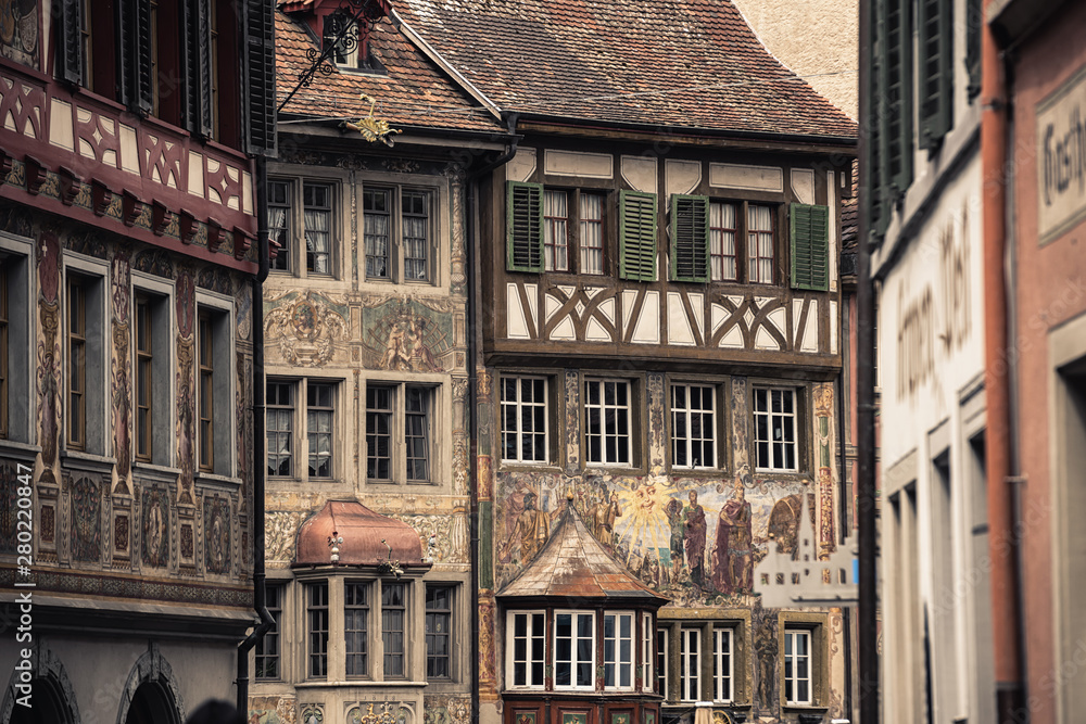 Historical of Architecture Cityscape and Wall Painting at Stein Am Rhein City, Switzerland, Art Medieval and Traditional Architectural Feature of Swiss, Travel Destination of Europe.