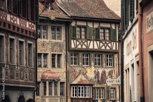 Historical of Architecture Cityscape and Wall Painting at Stein Am Rhein City, Switzerland, Art Medieval and Traditional Architectural Feature of Swiss, Travel Destination of Europe.