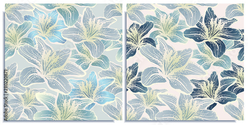 Vector set of seamless patterns with wonderful colorful lilies  hand-drawn in graphic and real-style at the same time. Delicate color  blue  marine  gray green. Looks vintage  beautiful  holiday decor