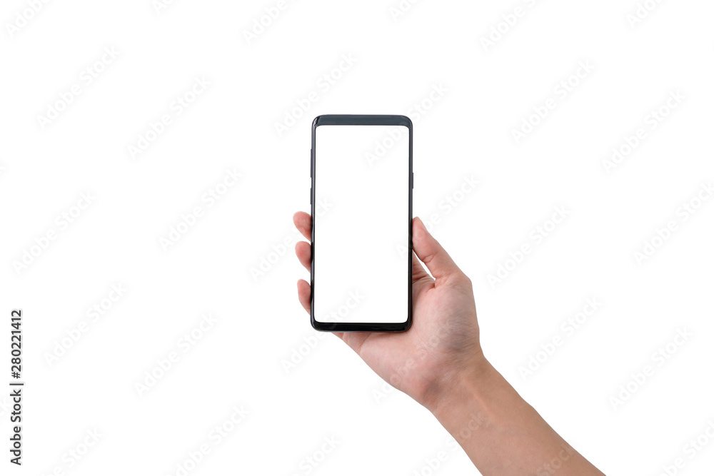 one asian hand holding mobile phone with white background and clipping pth one asian hand holding mobile phone with white background and clipping pth