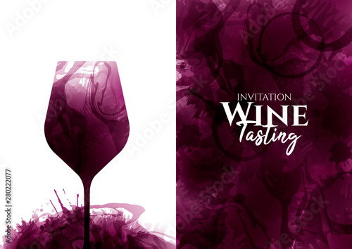 Illustration of one wine glass with red wine stains. Background full of color with circles and wine drops. Idea for party or event invitation, brochure, wine list, promotion, tasting.