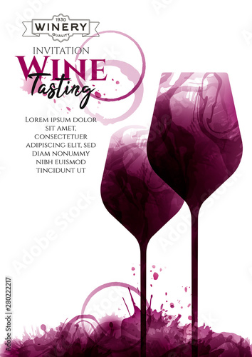 Illustration of two glasses of red wine, elongated. Wine stains and drops. White background with sample text. Elegant, creative, artistic. Poster, flyer, banner, magazine cover, decoration.