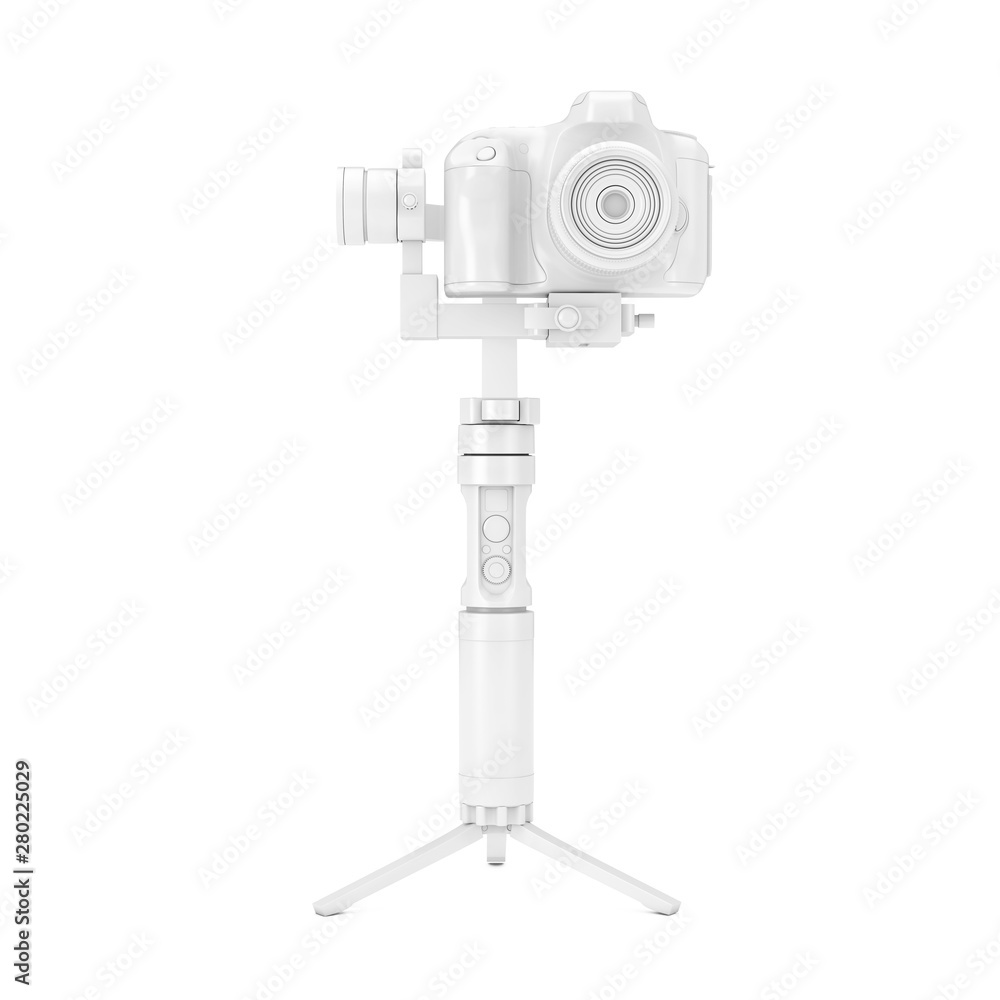 White DSLR or Video Camera Gimbal Stabilization Tripod System in Clay Style Mock Up. 3d Rendering White DSLR or Video Camera Gimbal Stabilization Tripod System in Clay Style Mock Up. 3d Rendering