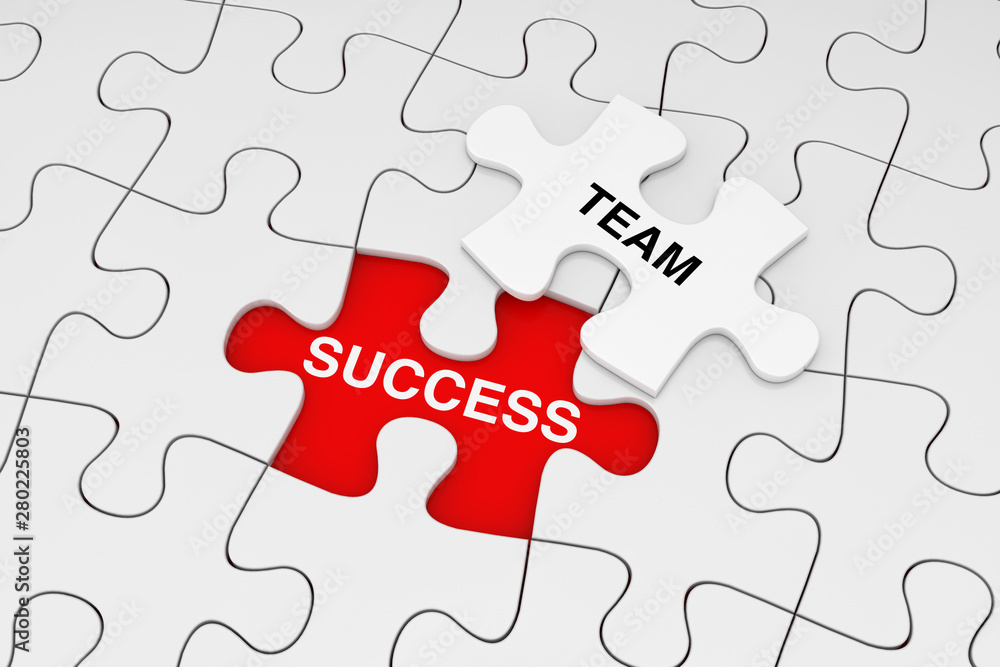 One Piece of White Jigsaw Puzzle over Plain of White Puzzle with Success and Team Words. 3d Rendering One Piece of White Jigsaw Puzzle over Plain of White Puzzle with Success and Team Words. 3d Rendering