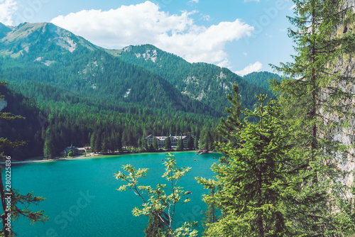 landscape view of braies lake in dolomites mountains in italy