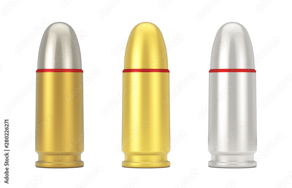 9 mm Metal Golden and Silver Gun Bullets. 3d Rendering 9 mm Metal Golden and Silver Gun Bullets. 3d Rendering