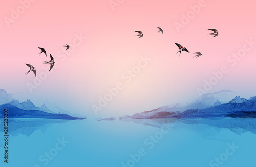 Swallow birds flying in the sky over the water and mountains. Traditional Japanese ink wash painting sumi-e.