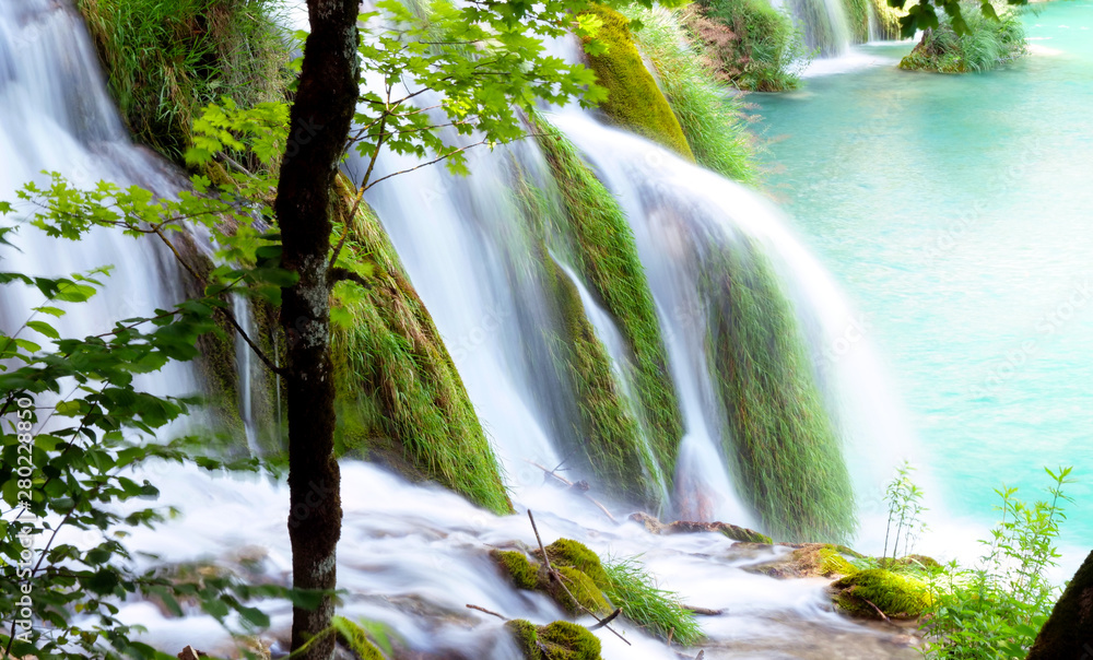 amazing waterfall in forest, croatia, plitvice lake