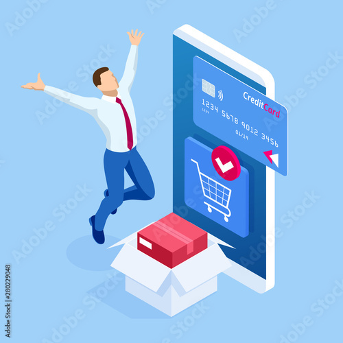 Isometric Delivery App isometric website template. Online shopping banner, fast delivery service. Woman using credit card and blank smartphone online shopping in internet