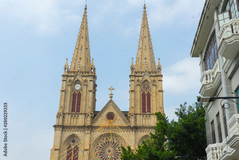 Many tourist sightseeing in Sacred Heart Cathedral in Guangzhou ,Guangdong, China