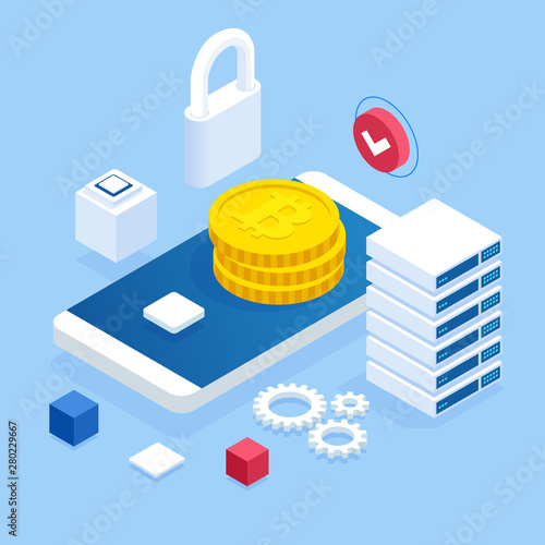 Isometric cryptocurrency business people miner and coins concept. Bitcoin cryptocurrency mining farm. Cryptocurrency editable banner template.