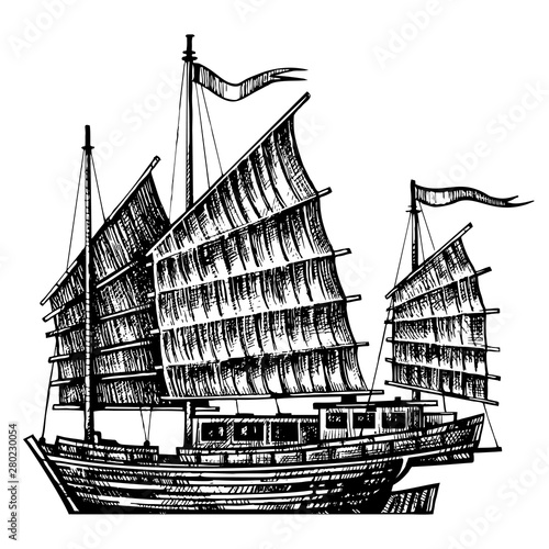 hand drawn design chinese Junk boat