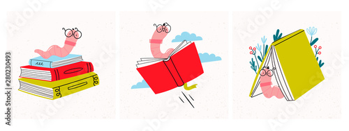 Read more books. Set of various books and stack of books with book worm in glasses. Hand drawn educational vector illustrations. Flat design. Cartoon style