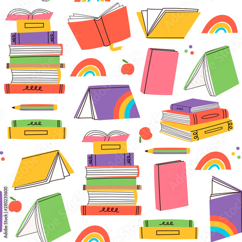 Read more books. Set for book lovers. Various books, stack of books, notebooks. Hand drawn educational vector seamless pattern. Flat design. Cartoon style