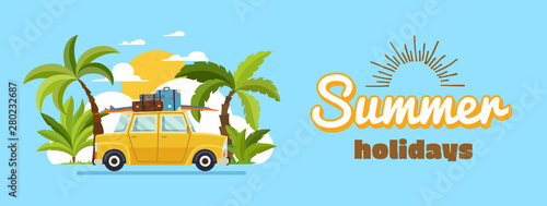 Happy family driving in car on weekend holiday, summer holidays, planning summer vacations, travel by car, summer holiday, Tourism and vacation theme. Flat design vector illustration.