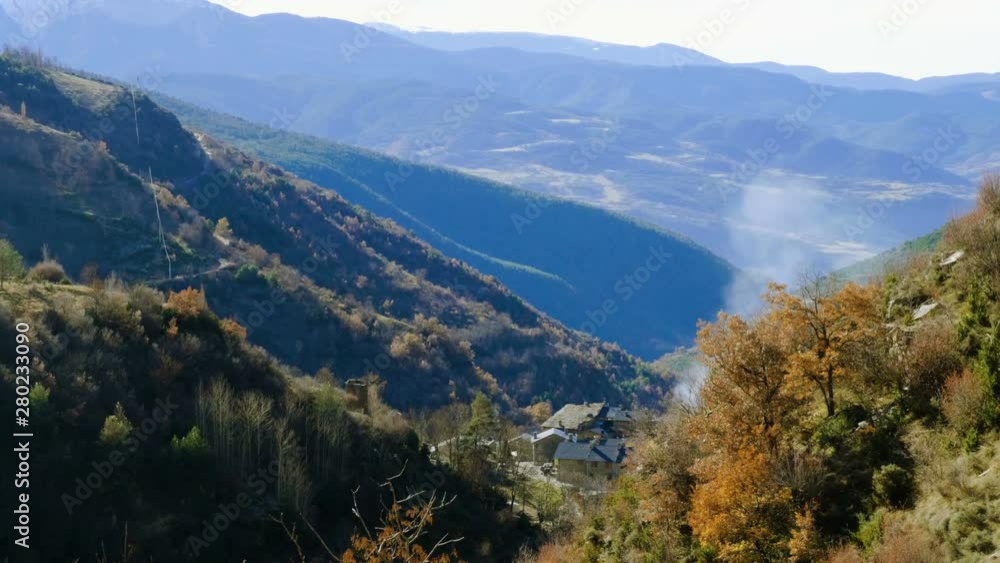 Eastern Pyrenees. Village and green forest on Pyrenean mountains. Spain. 4K Eastern Pyrenees. Village and green forest on Pyrenean mountains. Spain. 4K