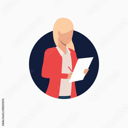 Businesswoman taking notes on paper. Student, lecture, journalist. Business concept. Vector illustration can be used for topics like education, presentation, media