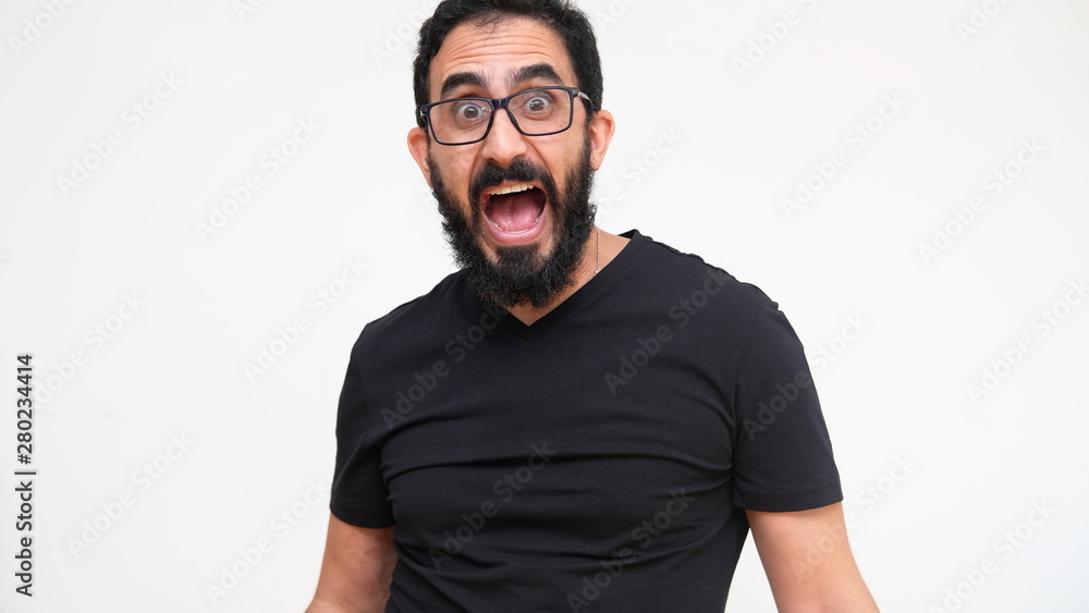 Middle Age Bearded Man Screaming in a white backround Middle Age Bearded Man Screaming in a white backround