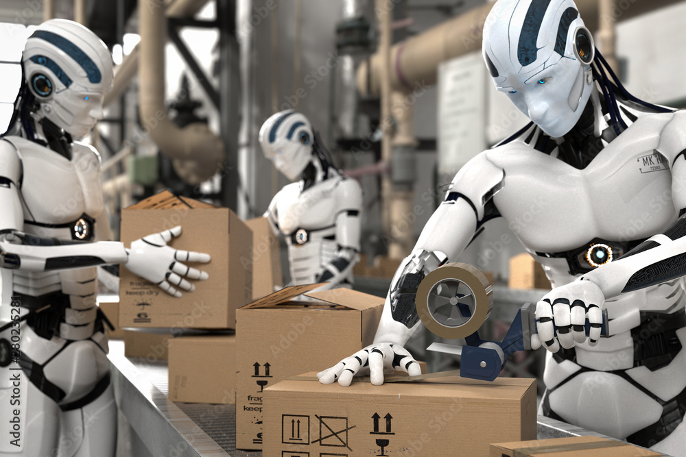 3D Illustration Roboter als Arbeitskraft in der Logistik - obrazy, fototapety, plakaty 