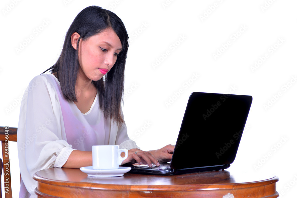 Young pretty business woman with notebook isolated on white background Young pretty business woman with notebook isolated on white background