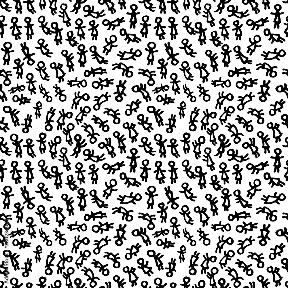 Seamless grunge pattern with a lot of girls, women, kids. Stickman endless illustration