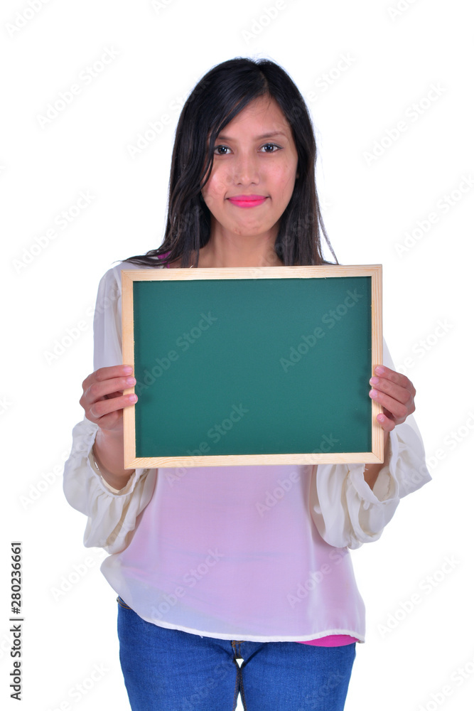Asian Young Businesswoman showing with chalkboard Asian Young Businesswoman showing with chalkboard