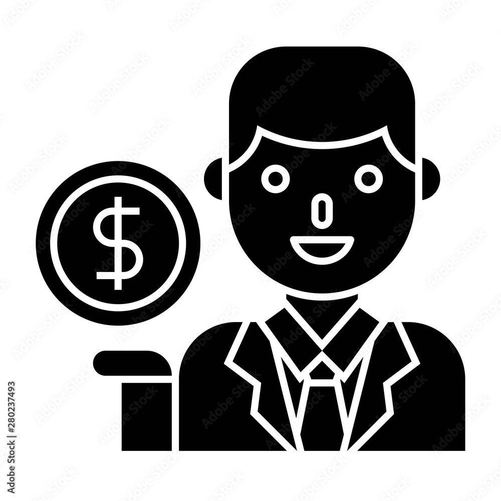 Businessman with dollar coin vector, solid style icon Businessman with dollar coin vector, solid style icon