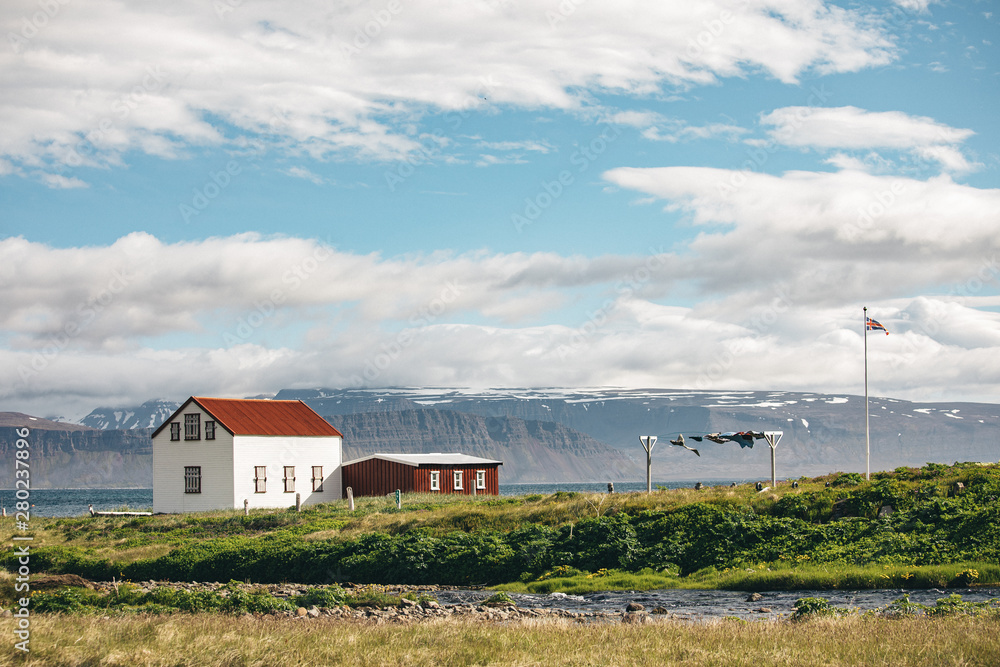 Icelandic wooden house in the ferry port hesteyri hornstrandir nature reserve westfjords iceland Icelandic wooden house in the ferry port hesteyri hornstrandir nature reserve westfjords iceland