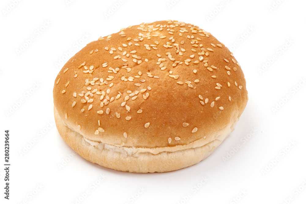 Burger buns with sesame seeds, ingredients for hamburger, isolated on white background Burger buns with sesame seeds, ingredients for hamburger, isolated on white background