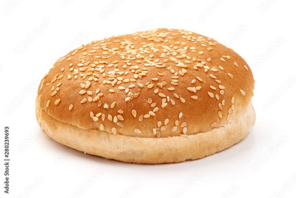 Burger buns with sesame seeds, ingredients for hamburger, isolated on white background