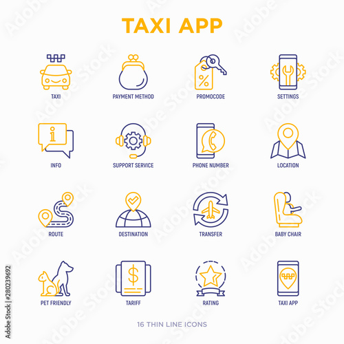 Taxi app thin line icons set: payment method, promocode, app settings, info, support service, phone number, location, pointer, route, destination, airport transfer, baby seat. Vector illustration.