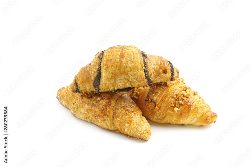 Mini Croissant original with Beans and Chocolate isolated on white background Mini Croissant original with Beans and Chocolate isolated on white background