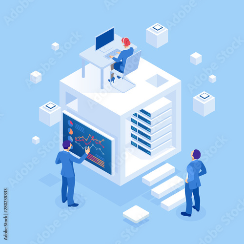 Isometric concept of business analysis, analytics, research, strategy statistic, planning, marketing, study of performance indicators. Investment in securities, smart investment, strategic management