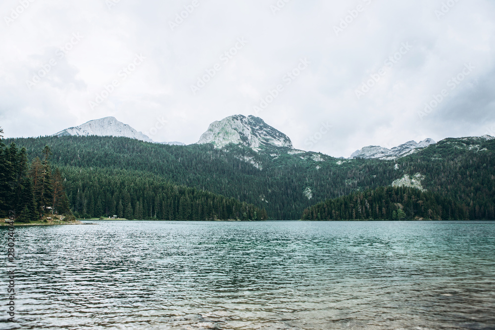 Beautiful view of the lake - Black Lake, forest and mountain landscape in Montenegro.