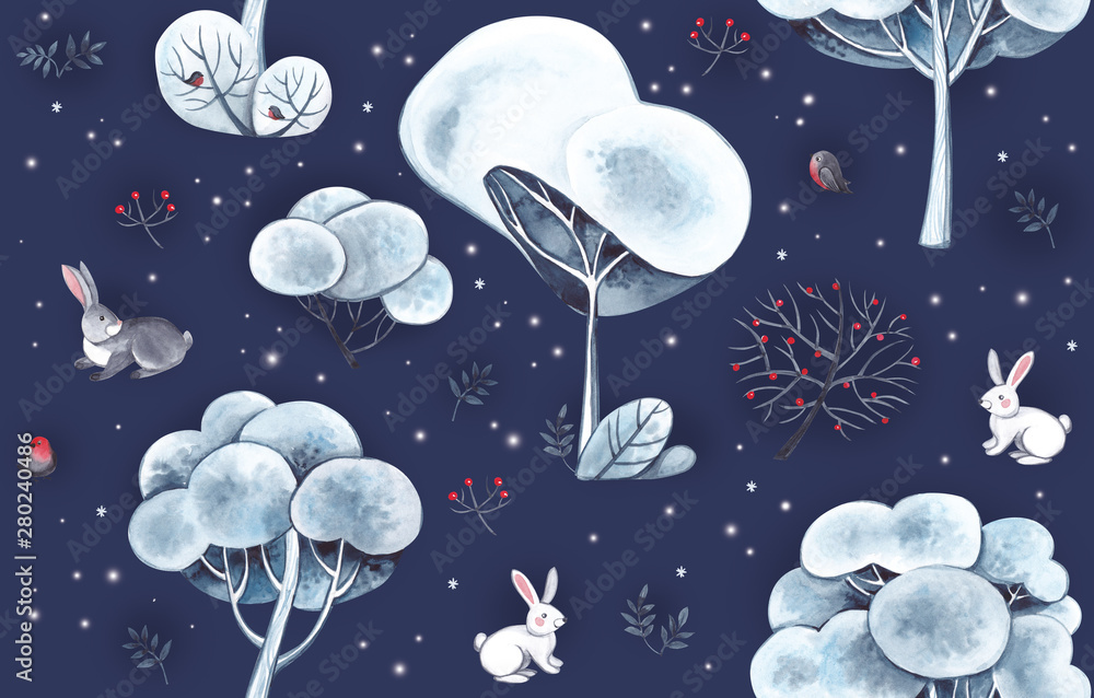  Watercolor pattern. Trees in the snow against the night sky. Bushes grow under trees and rabbits jump.