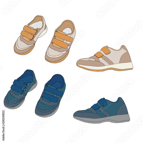 vector set of children's sneakers blue and cream color top and side view