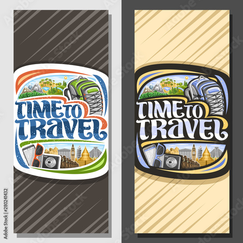 Vector layouts for Travel Agency, brochure with illustrations of famous places in europe and african nature reserves, voucher with decorative font for words time to travel with abstract background.
